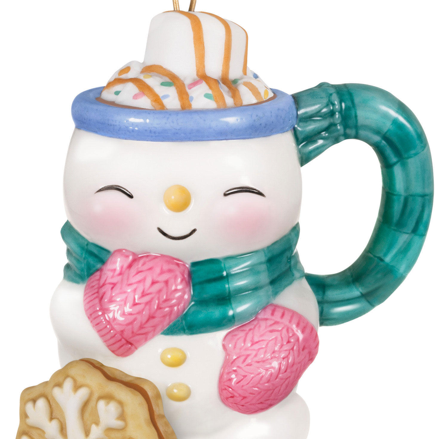 Snowman With Pink Mittens Mug Keepsake Ornament closeup view image number 5