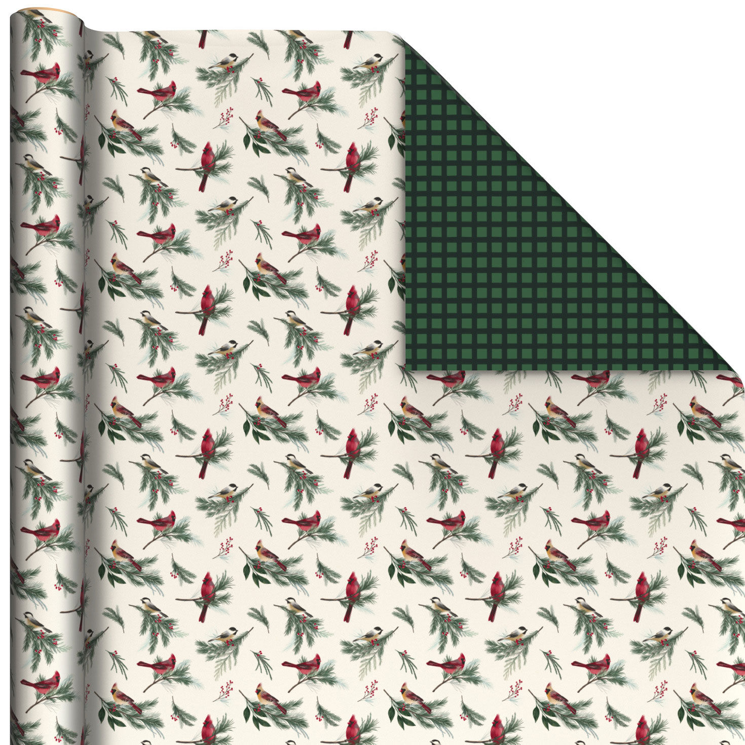 Cardinals/Green Check Reversible Holiday Gift Wrap Wrap Square image number 1