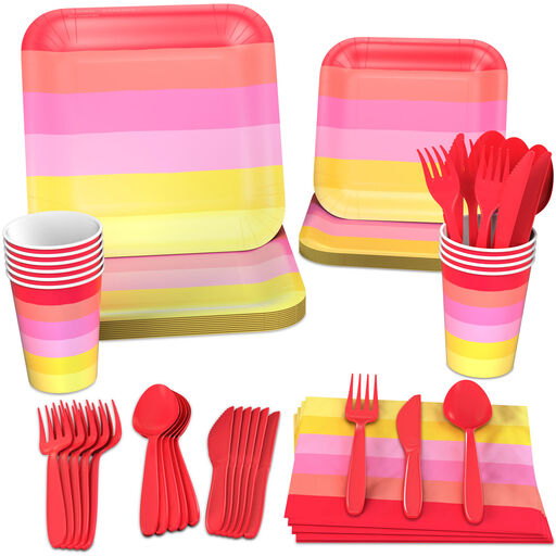 Color Pop 96-Piece Tableware Basics Party Kit, Warm Ombré Stripe, 
