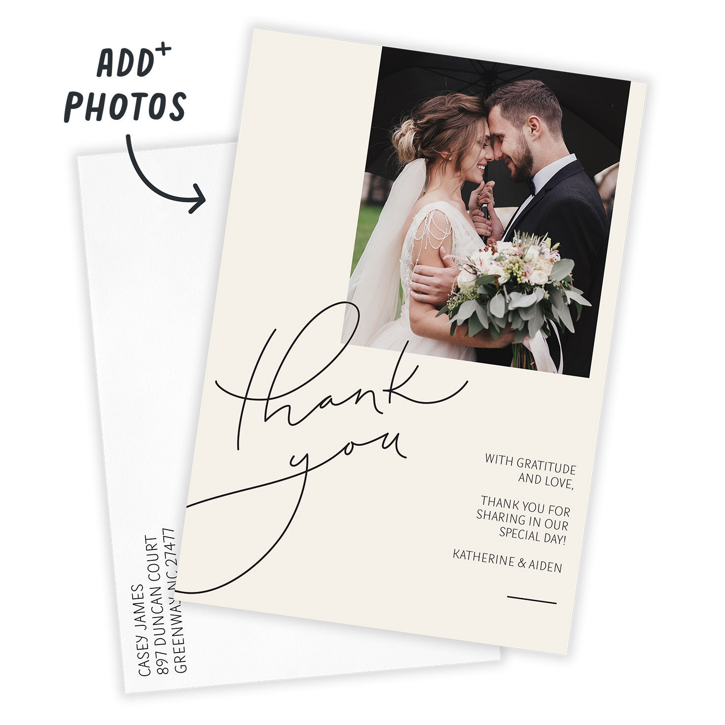Modern Handwriting Personalized Wedding Thank You Card Front indicating personalization image number 2