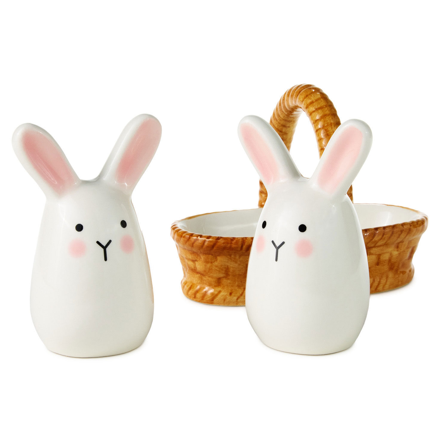 White Bunny Pair in Basket Salt and Pepper Shakers front out of  basket image number 2