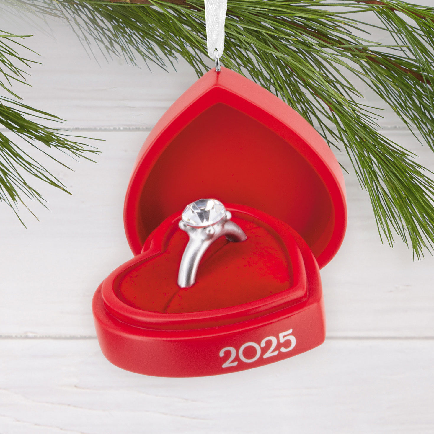 Engagement Ring 2025 Red Box Christmas Ornament hanging on tree image number 2