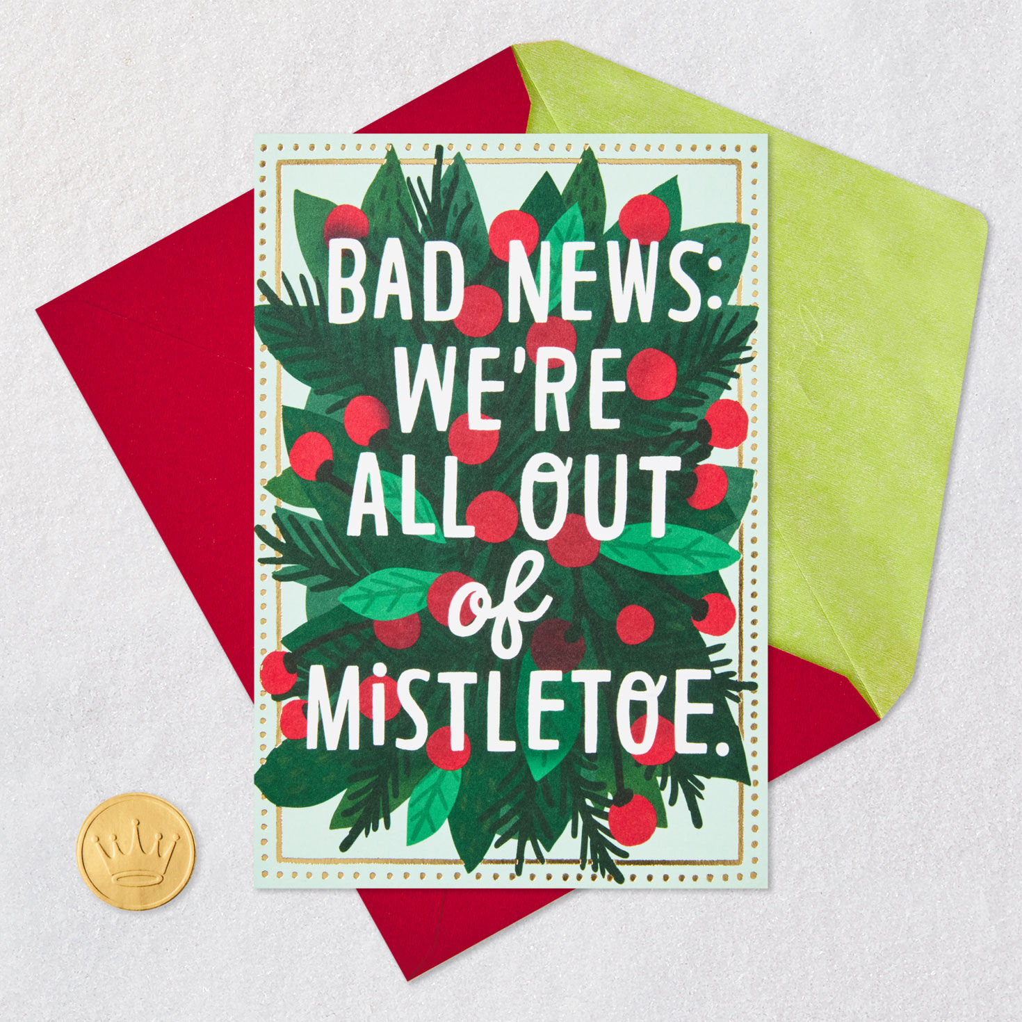 Mistletoe on Mint Green Love Christmas Card Card Front with Envelope and Gold Seal image number 6