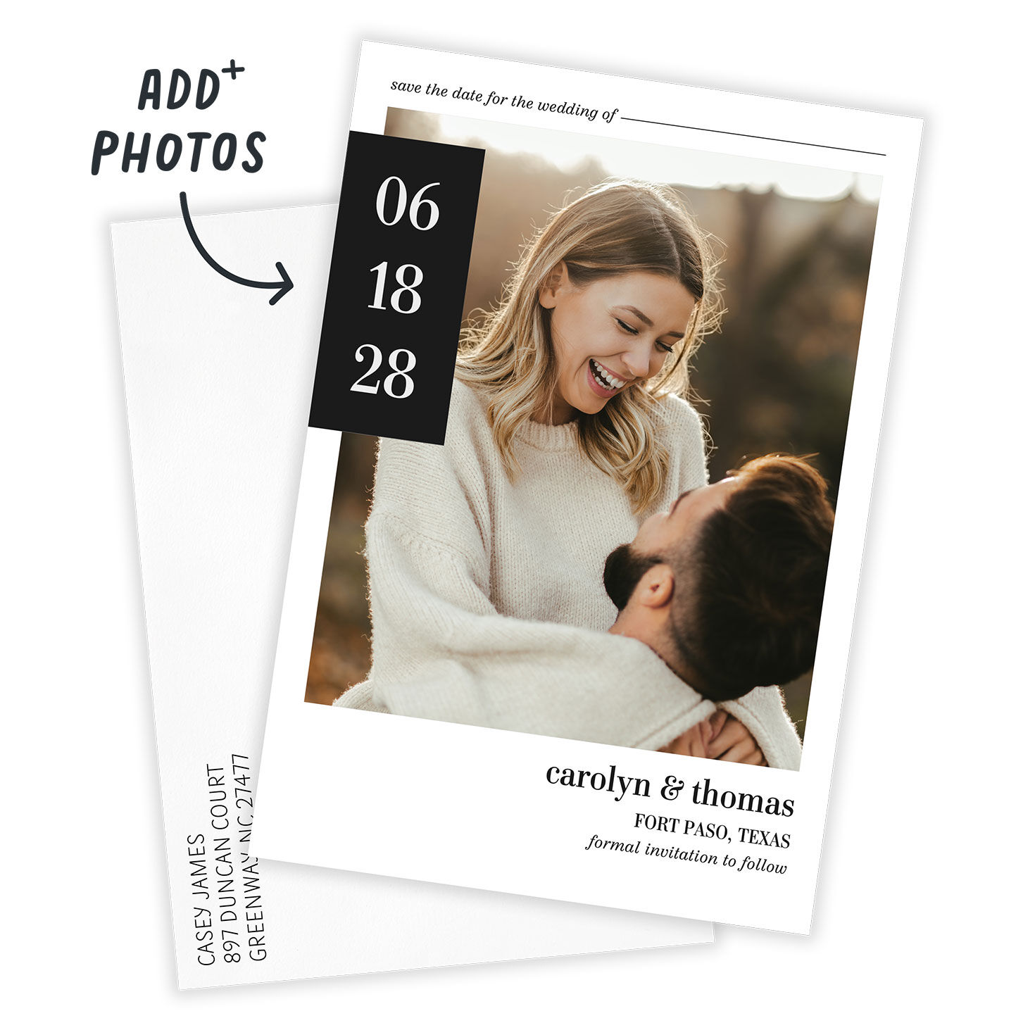 Black Number Box Personalized Save the Date Card Card Front indicating personalization image number 2