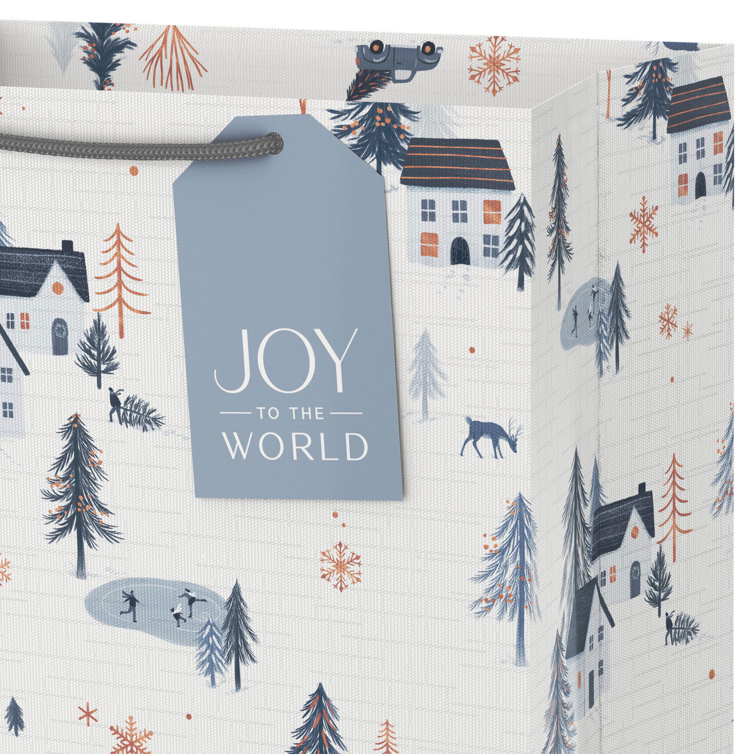 Snowy Blue Village on White Large Holiday Gift Bag Handle Detail image number 4