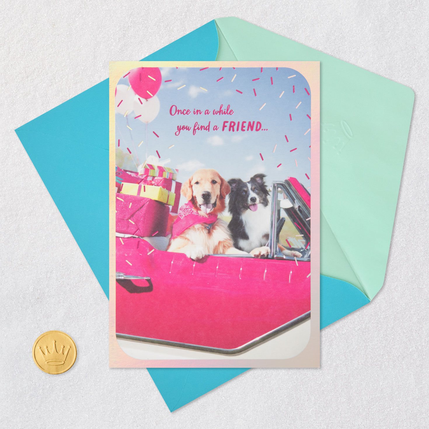 Dogs in Pink Car Friend Birthday Card for Her Card Front with Envelope and Gold Seal image number 5