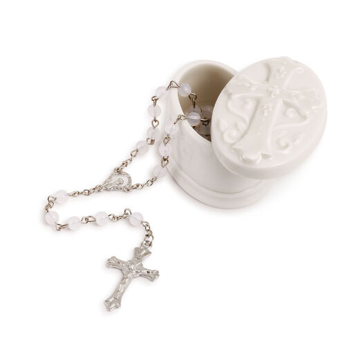 Demdaco Porcelain Trinket Box With White Beaded Rosary, 