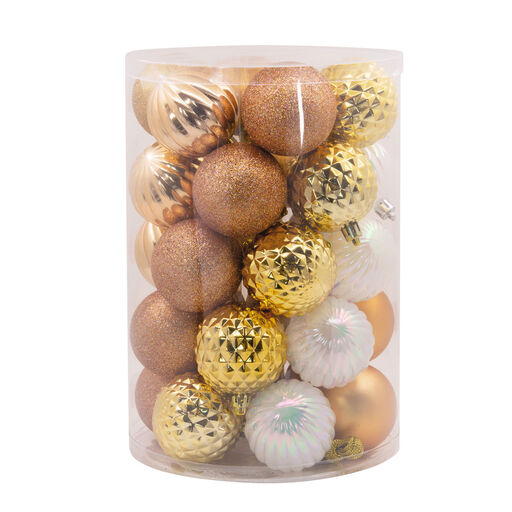 30-Piece Champagne, Gold, White Shatterproof Christmas Ornaments Set, 