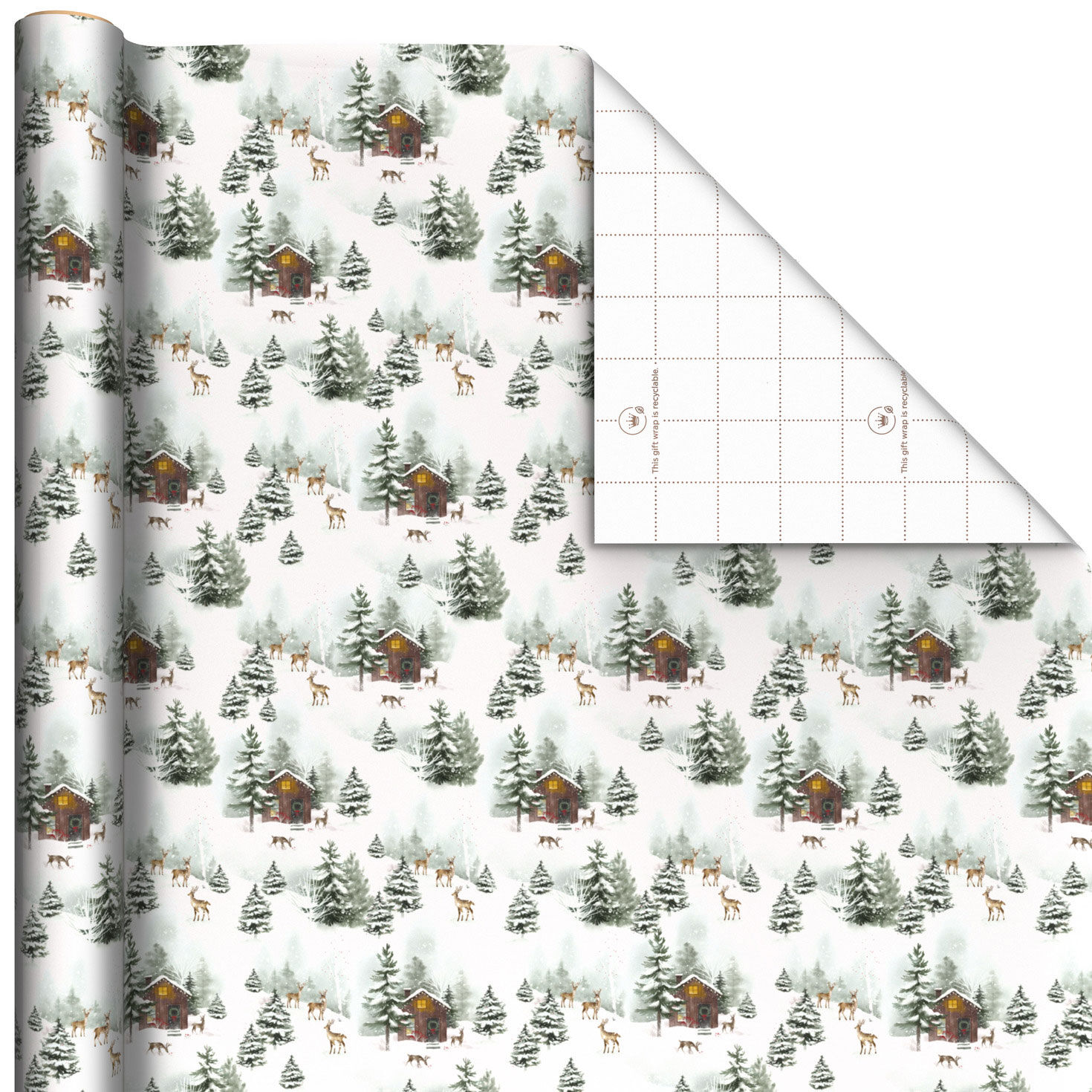 Snowy Cottage on White Holiday Wrapping Paper Roll, 22.5 sq. ft.
