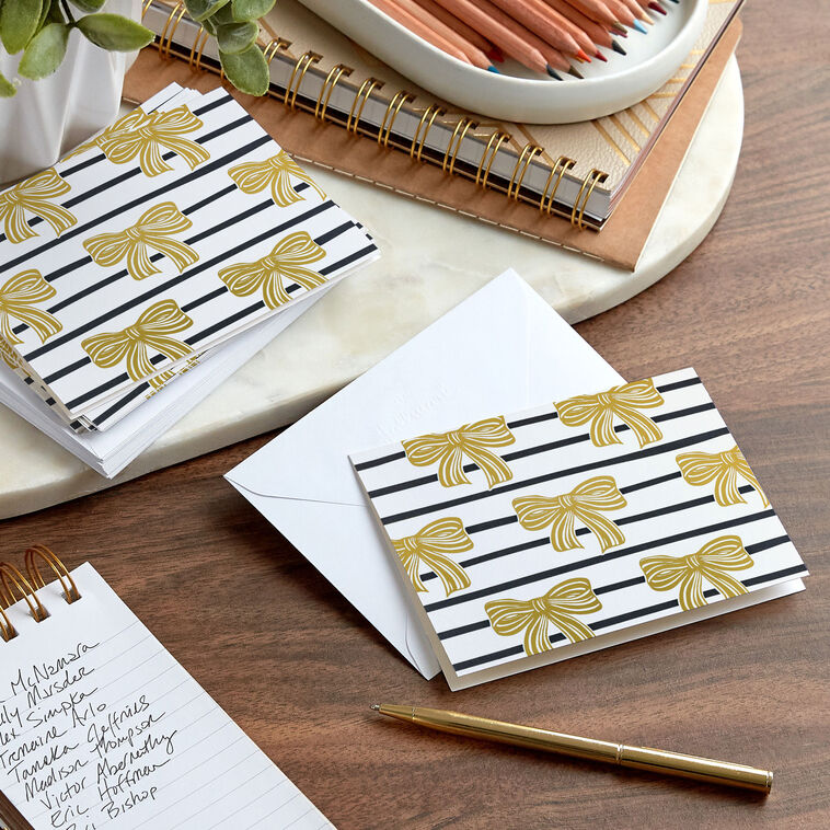Timetable Bows Notes Gold Bows on Black Stripes Blank Notes, Pack of 10 - Boxed Cards | Hallmark