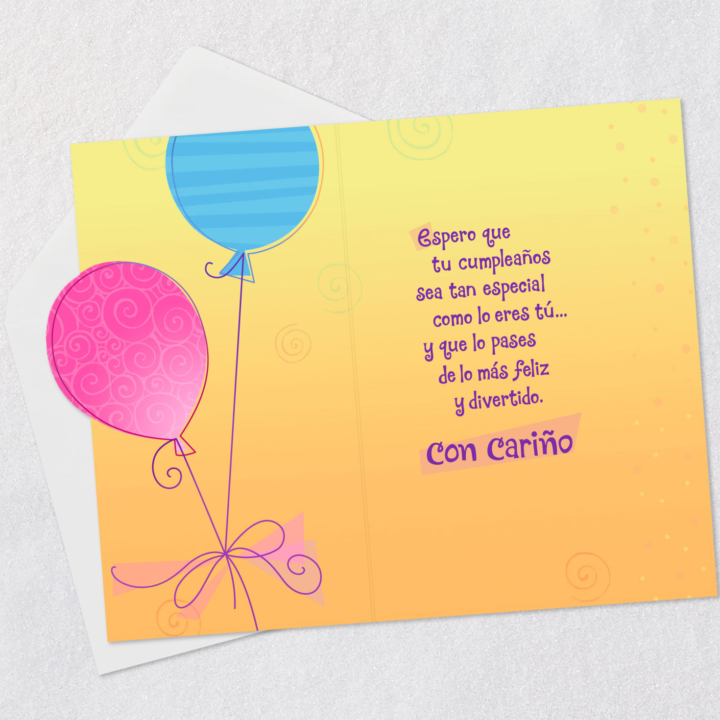 Yellow Pink Blue Balloons Birthday Card in Spanish Open card with envelope image number 3