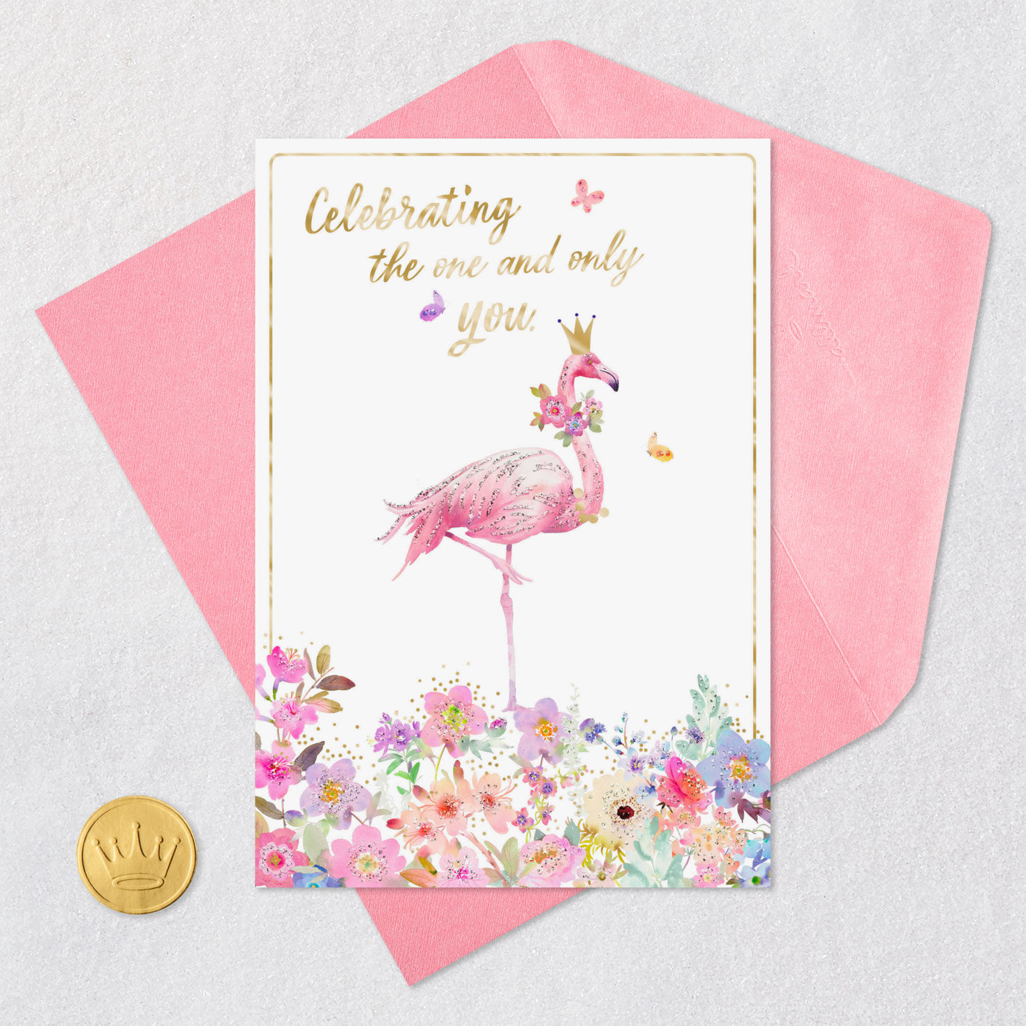 Pink Flamingo and Flowers Birthday Card for Her Card Front with Envelope and Gold Seal image number 5