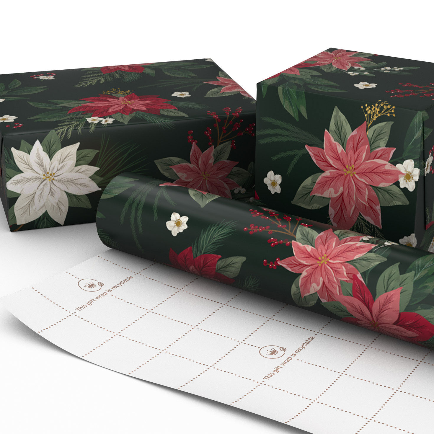 Poinsettias on Black Christmas Wrapping Paper Roll Wrapped package image number 2