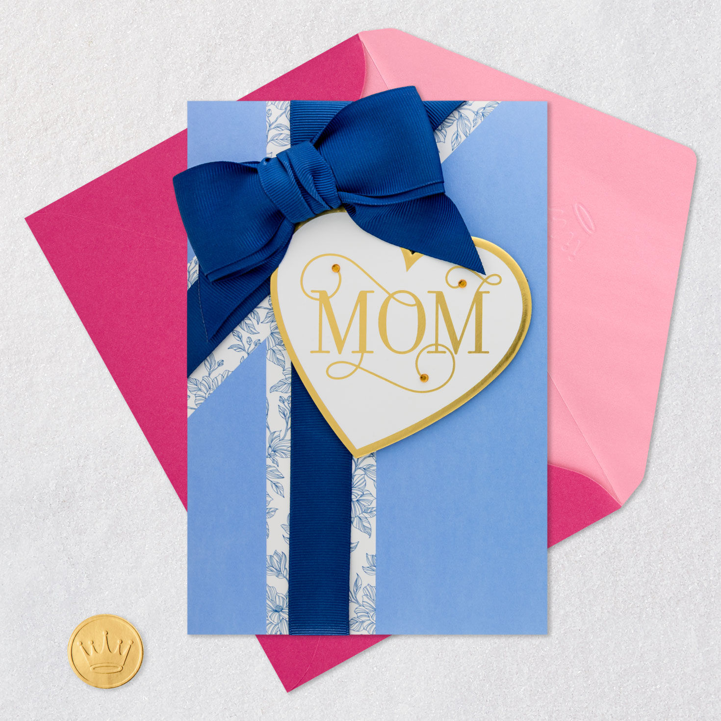 Gold Heart With Navy Bow Mom Mother's Day Card Card Front with Envelope and Gold Seal image number 6