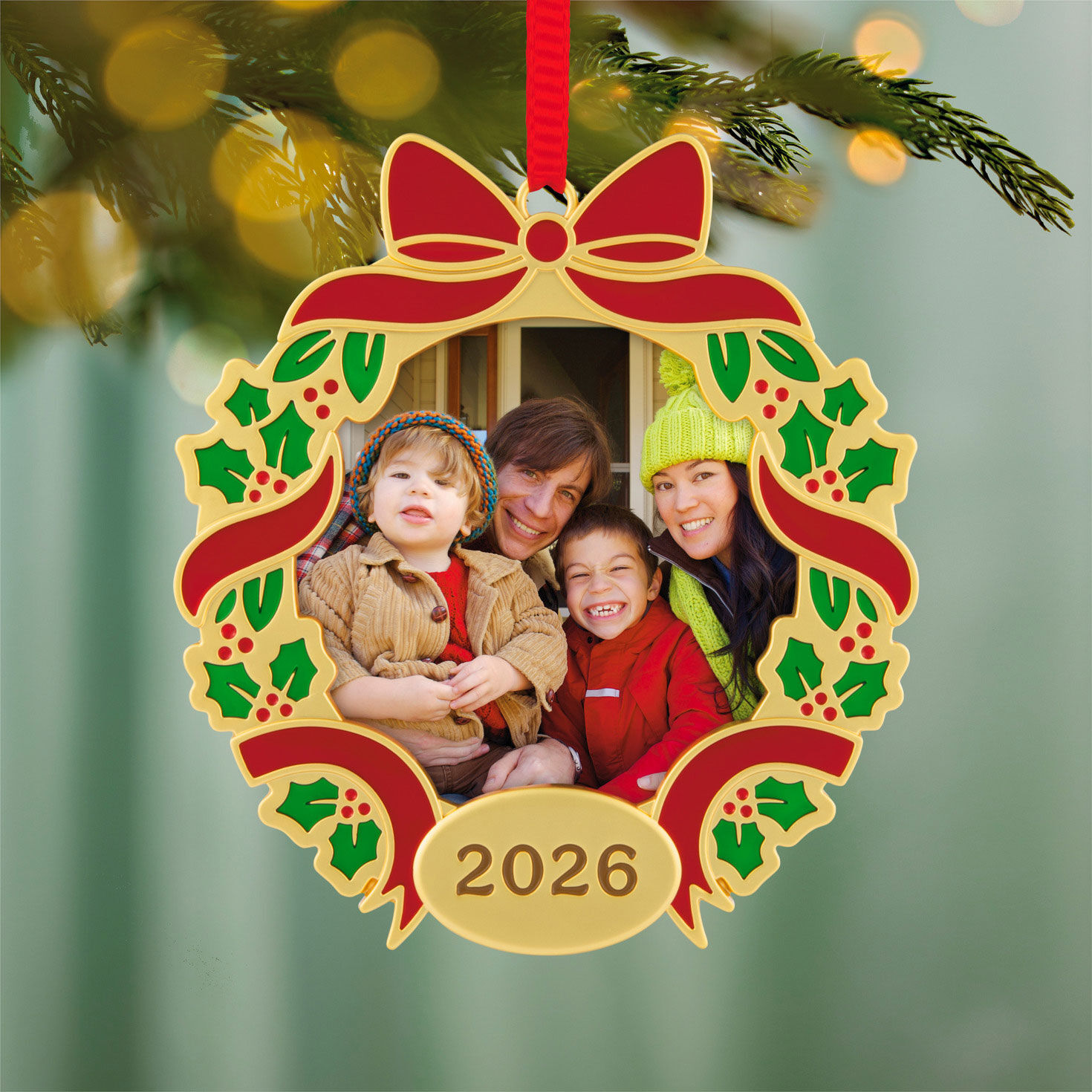 Red Green Metal Wreath Personalized Photo Ornament hanging on tree image number 2