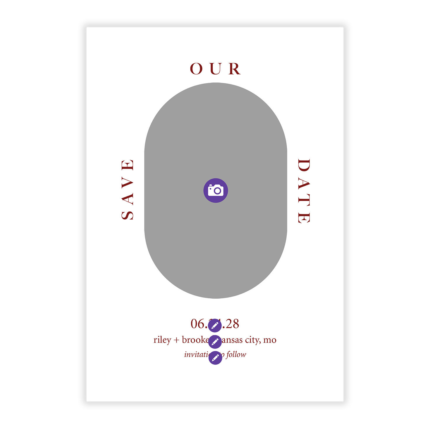 Oval Photo Red Text Personalized Save the Date Card Card Front indicating personalization image number 5