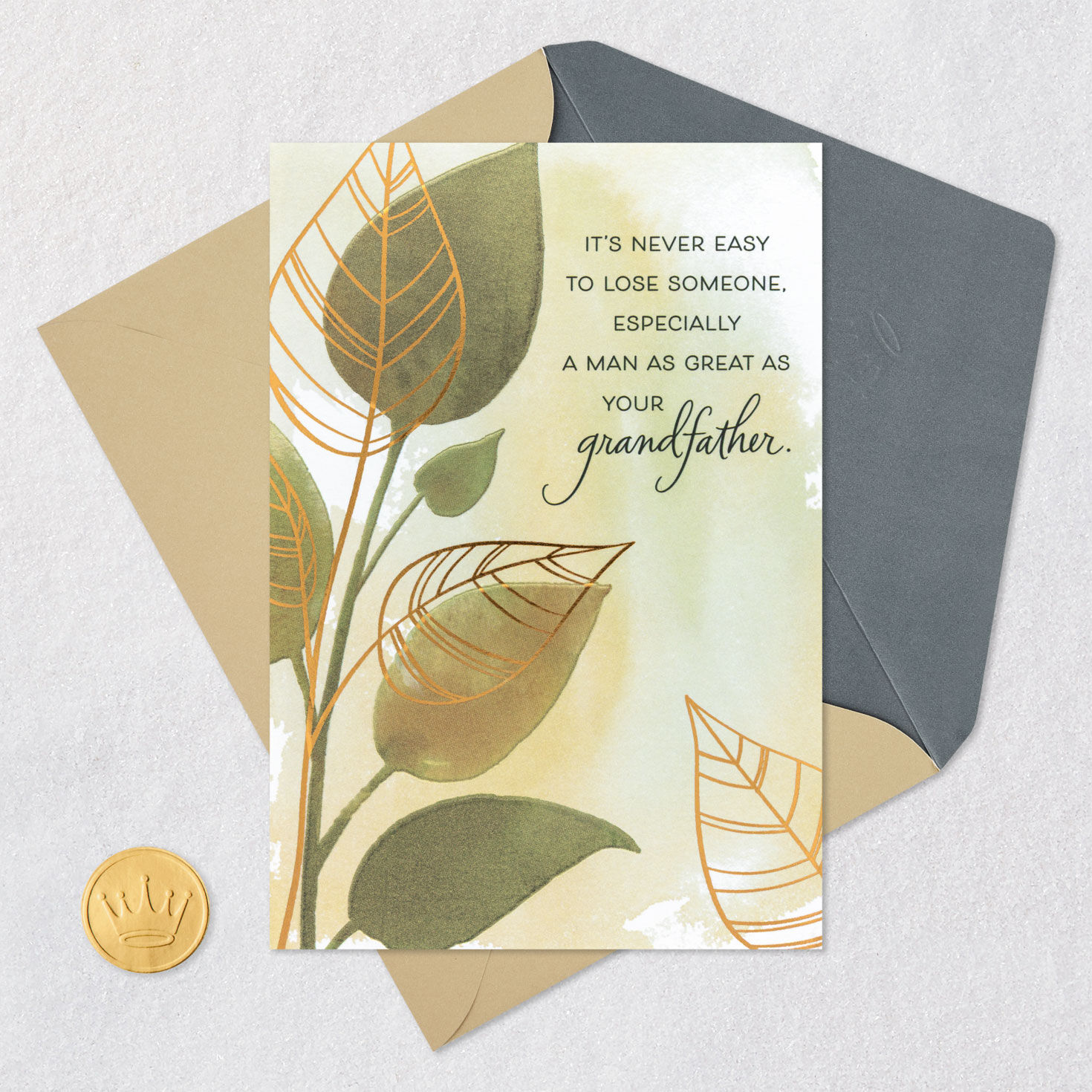 Green and Gold Leaves Grandfather Sympathy Card Card Front with Envelope and Gold Seal image number 6
