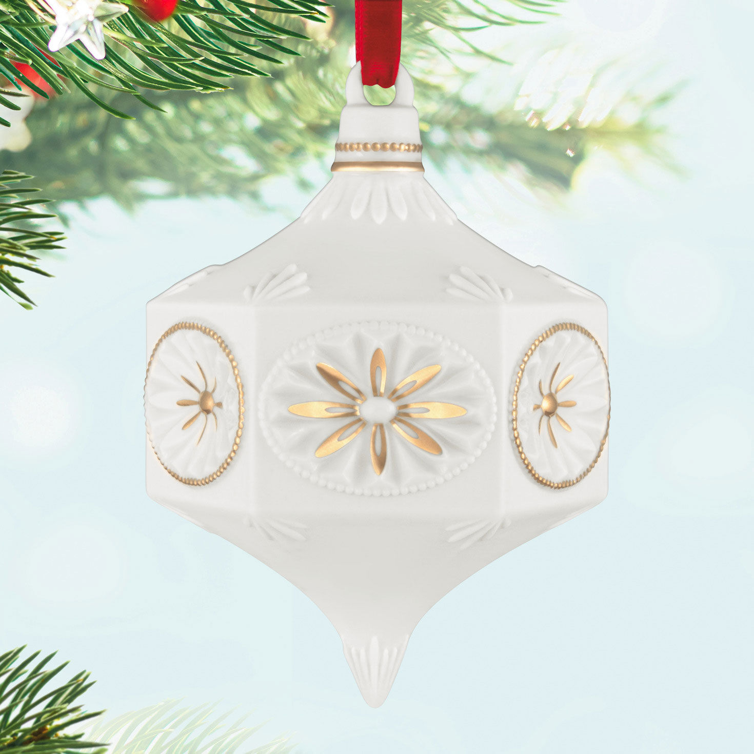 Hallmark+ White and Gold Finial Ornament Hanging on tree image number 2