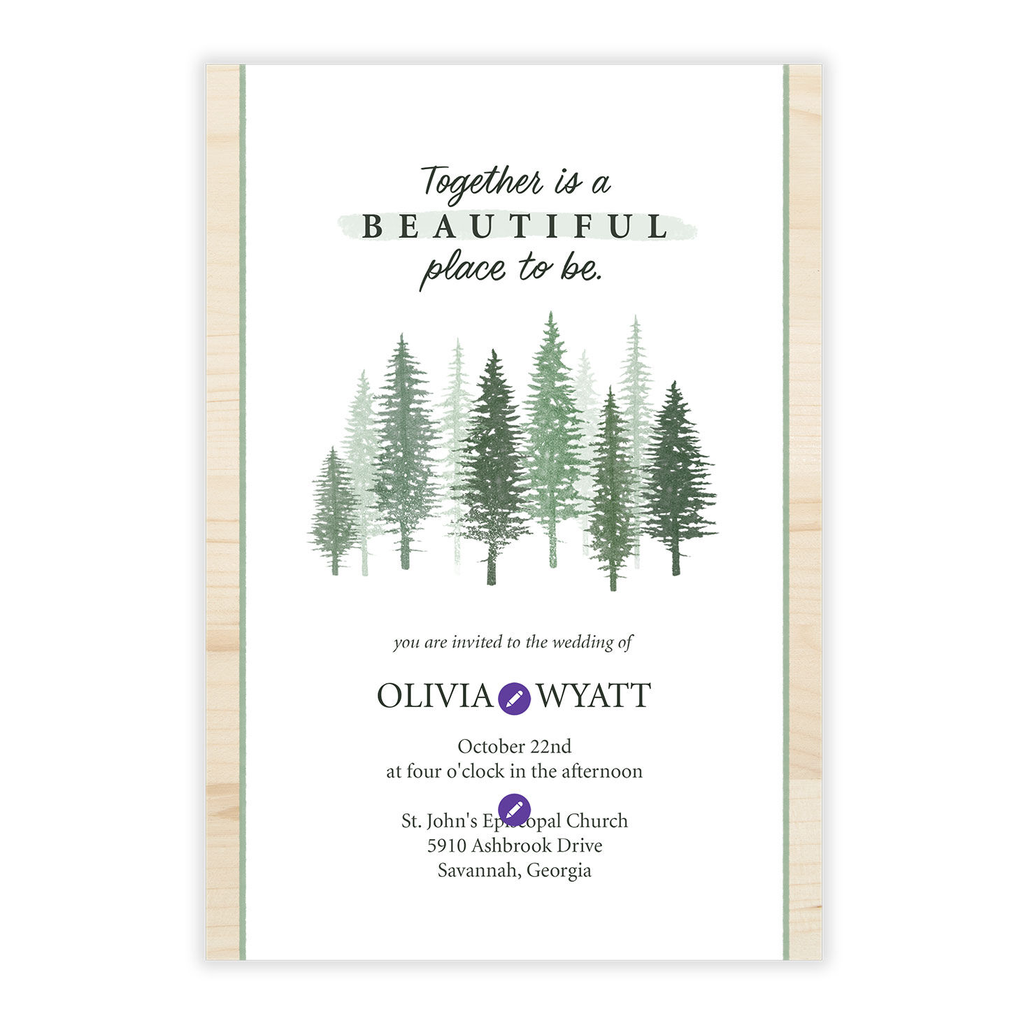 Trees Wood Border Personalized Wedding Invitation Card Front indicating personalization image number 5