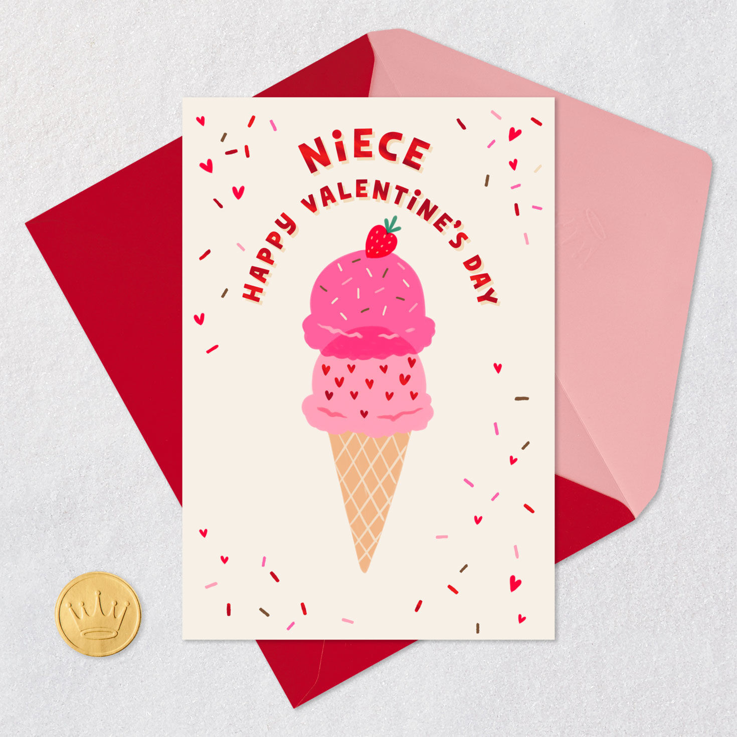 Pink Ice Cream Cone Valentines Day Card for Niece Card Front with Envelope and Gold Seal image number 5