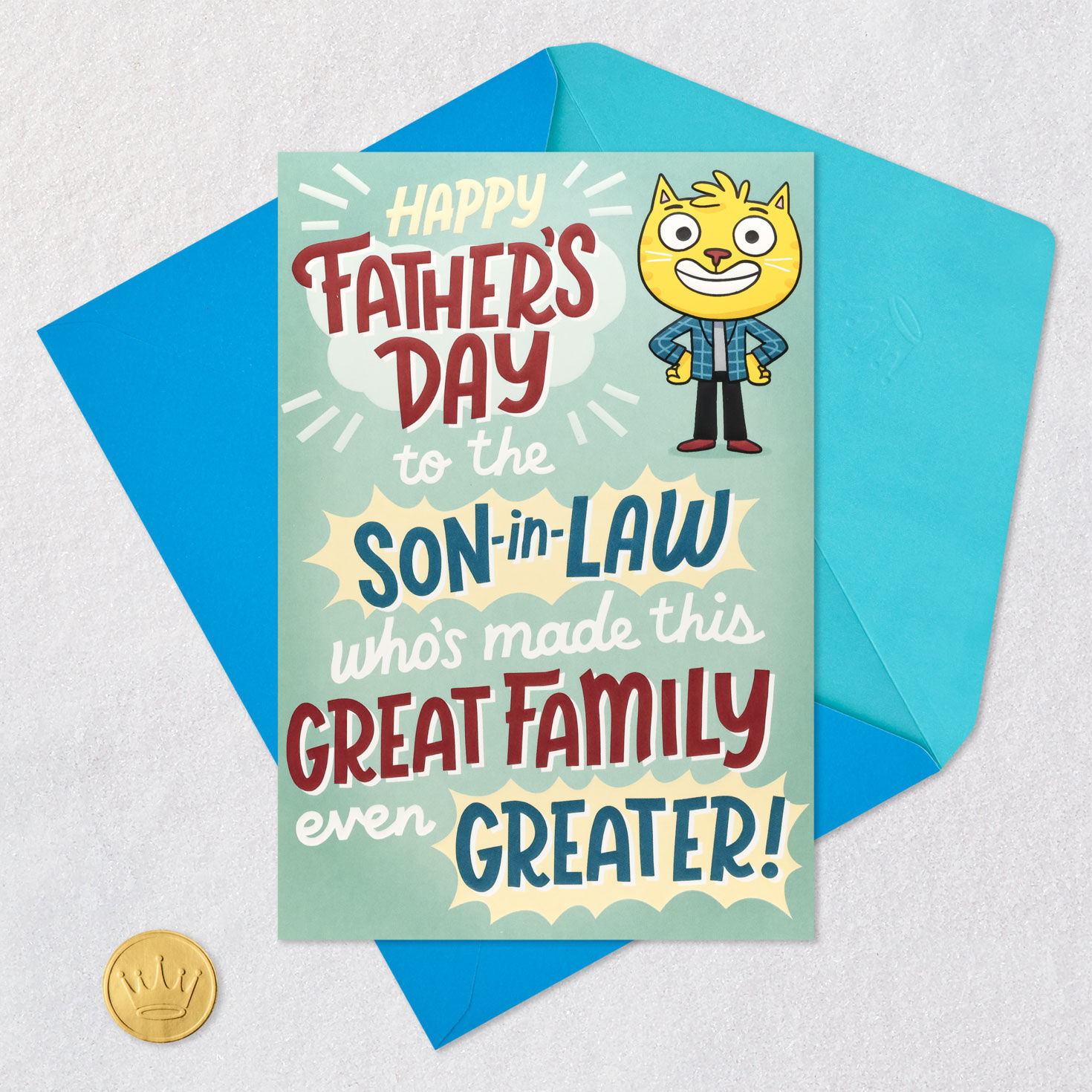 Funny Cat Family Father's Day Card for Son-in-Law Card Front with Envelope and Gold Seal image number 5