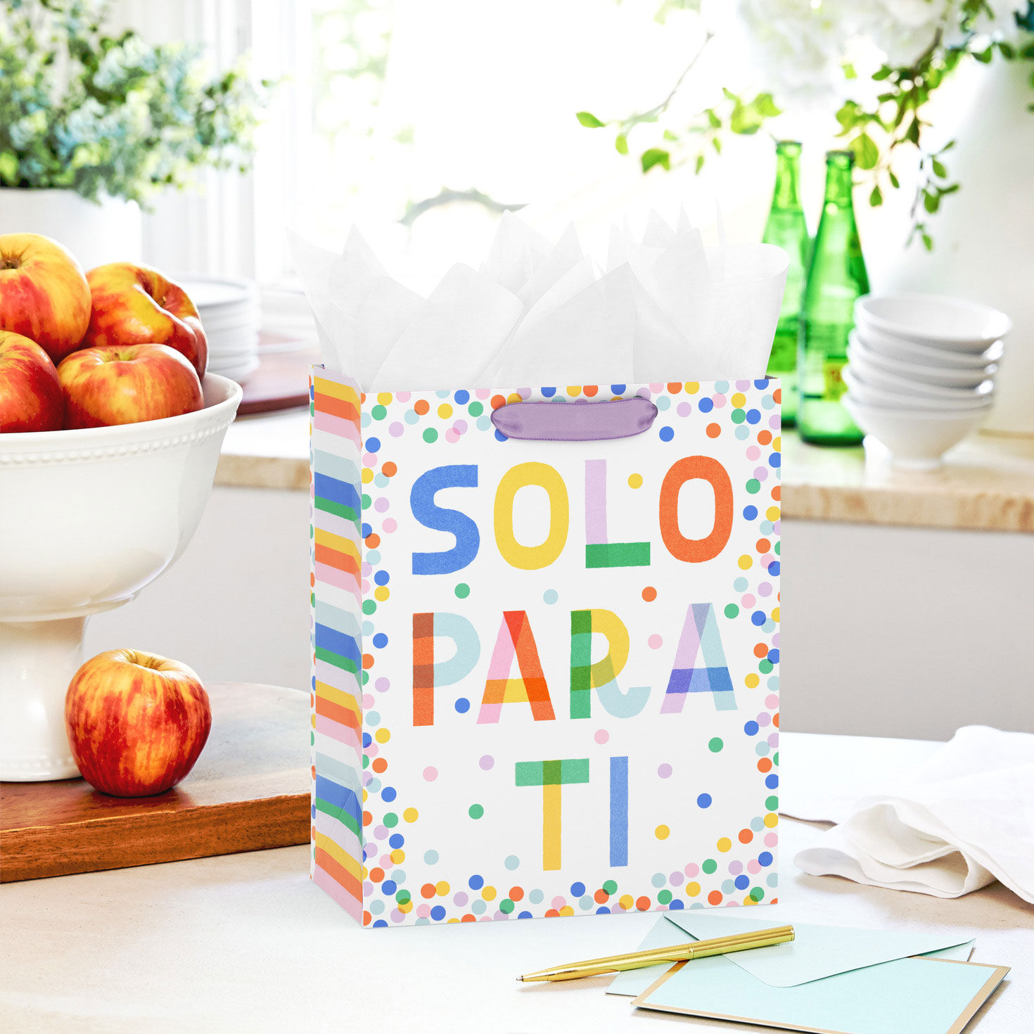 Spanish Language Colorful Dots Medium Gift Bag in use image number 2