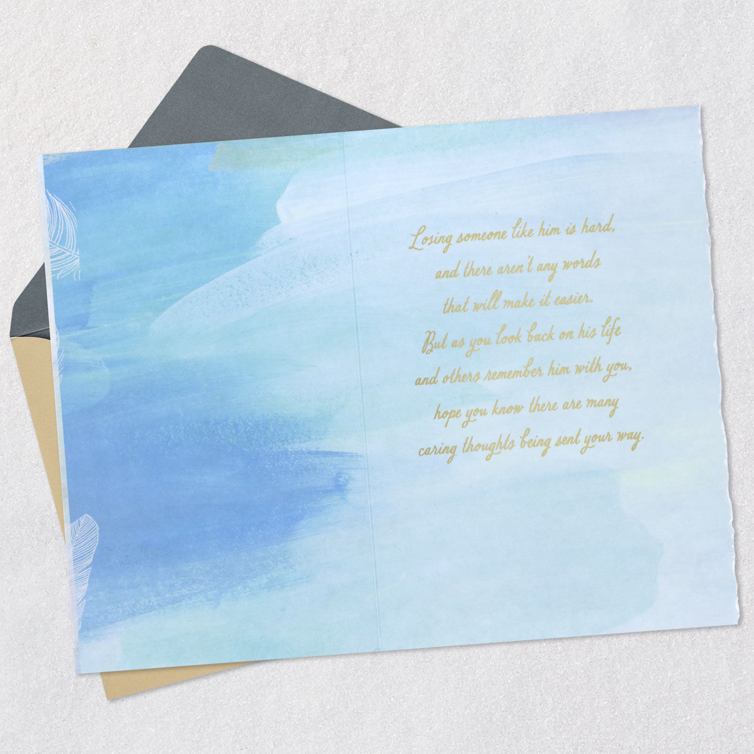 Blue Feather Sympathy Card for Him Open card with envelope image number 3