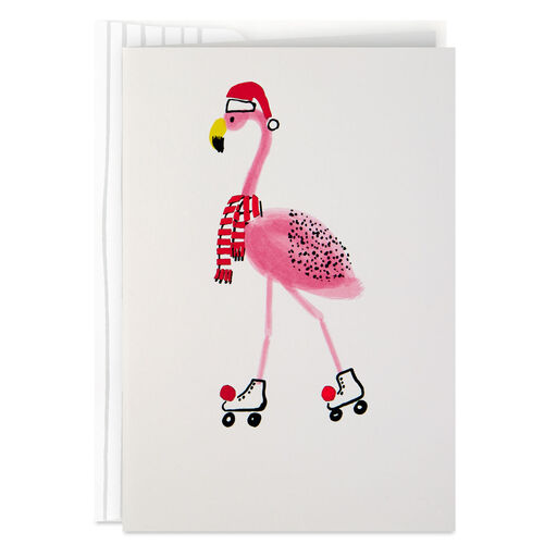 Flamingo in Roller Skates and Santa Hat Christmas Card, 