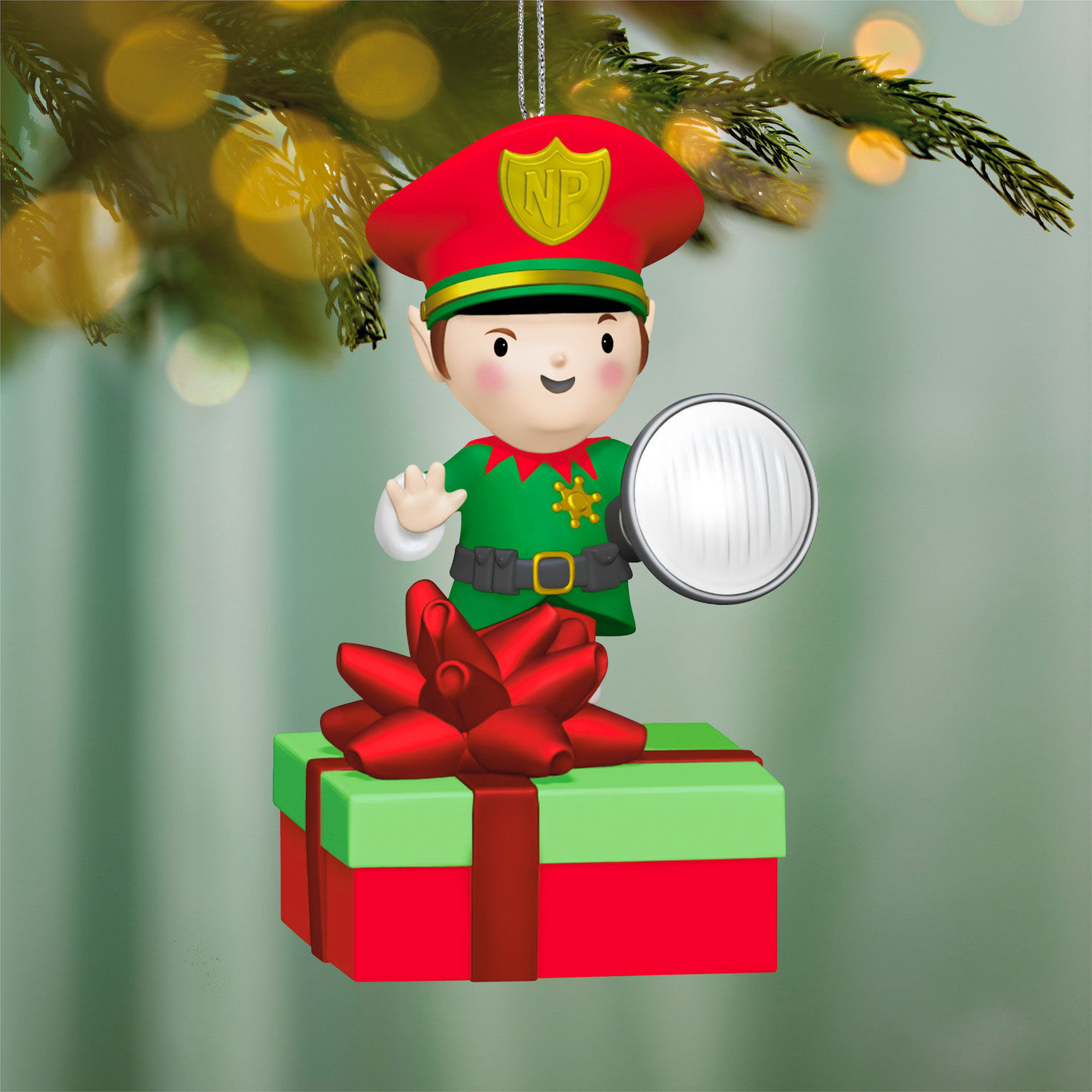 Elf With Flashlight and Gift Keepsake Ornament hanging on tree image number 2