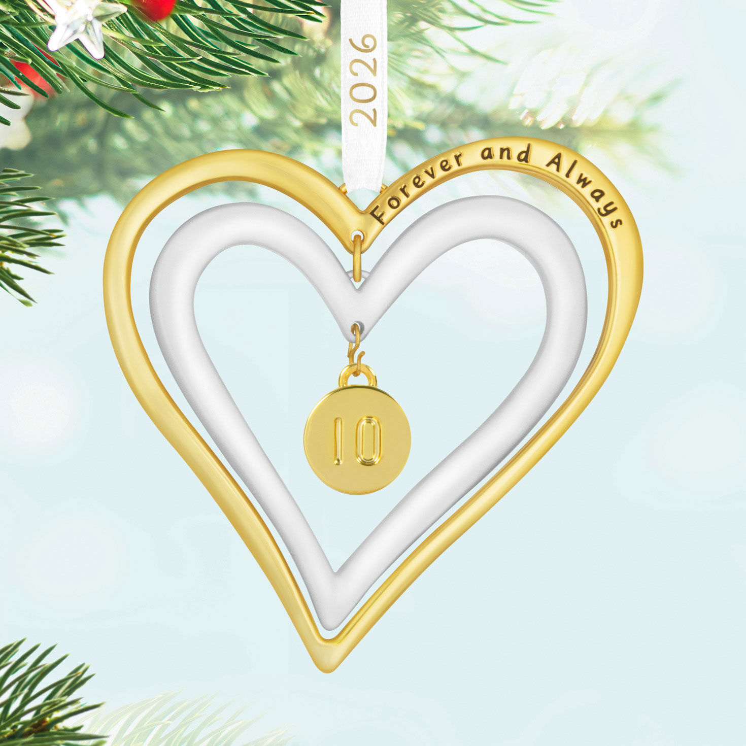 Gold White Double Heart Anniversary Ornament Hanging on tree image number 2
