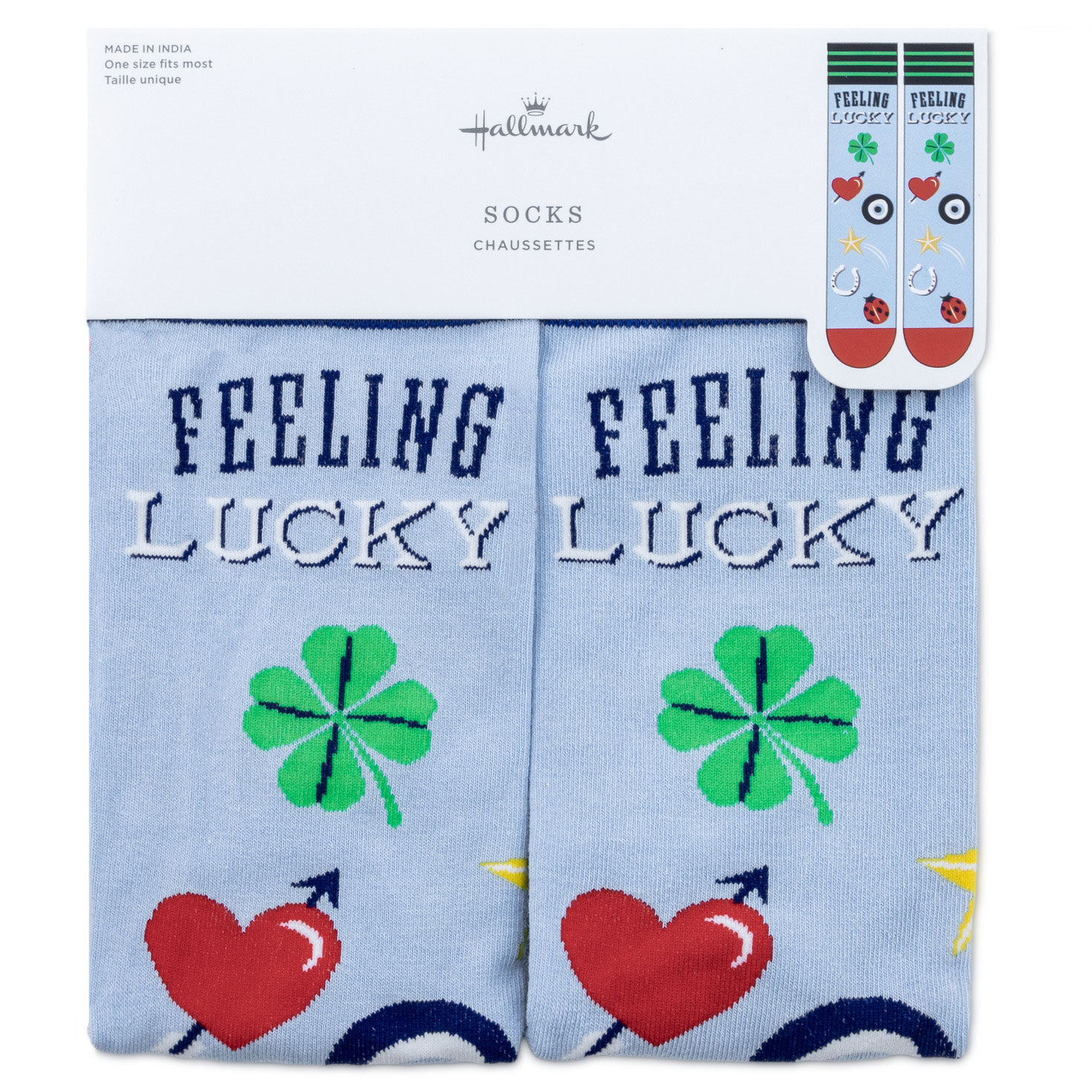 Feeling Lucky Blue Crew Socks With Lucky Icons package front image number 5