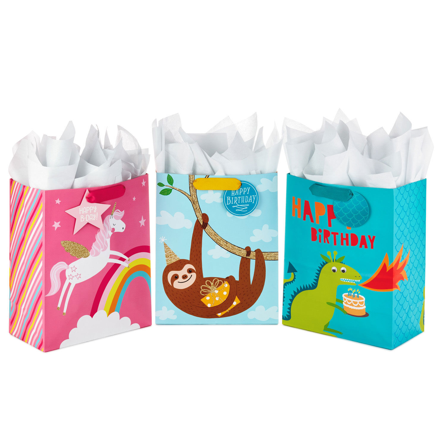 13" Kids Birthday Trio 3-Pack Large Gift Bag Bundle With Tissue Paper