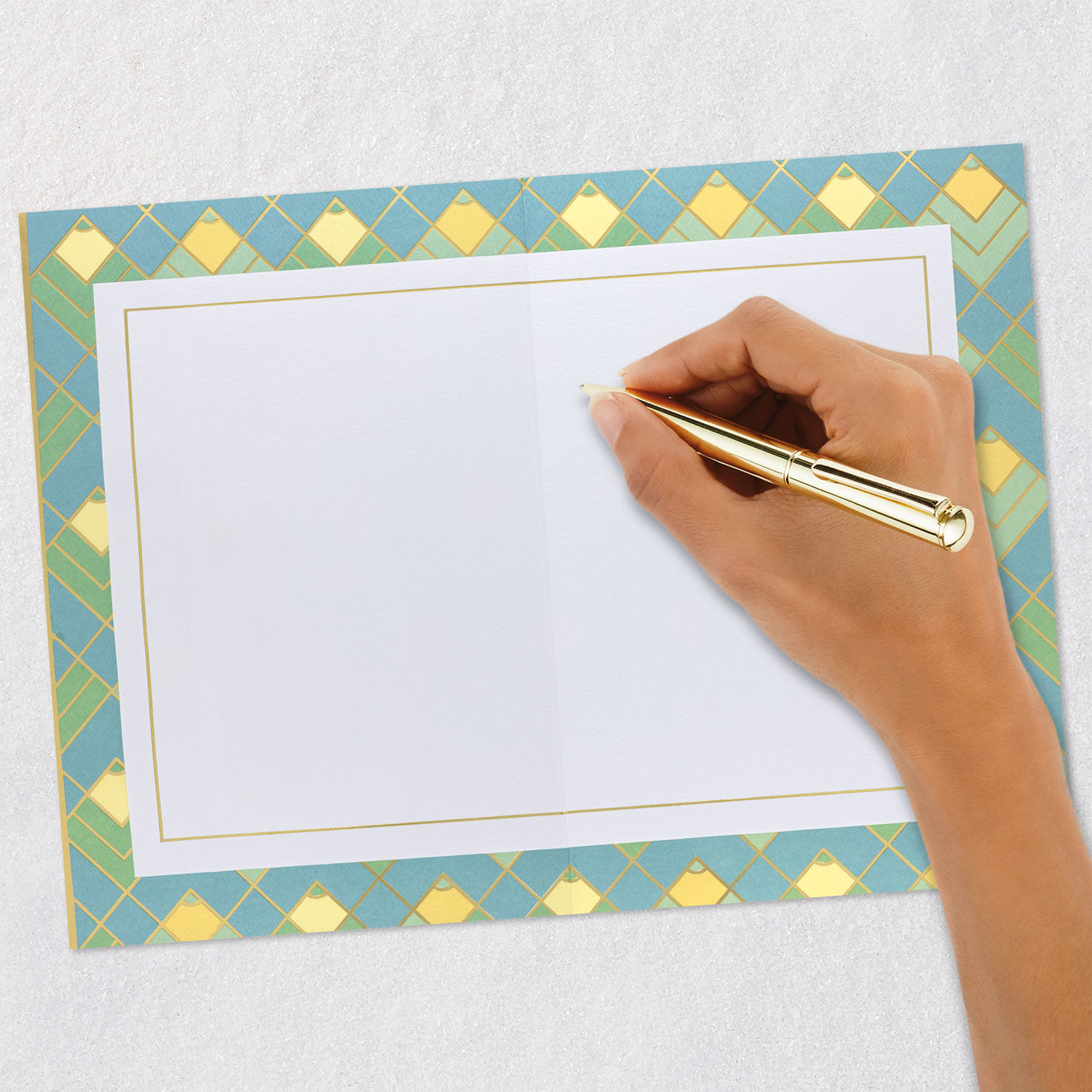 Art Deco Gold, Green and Blue Blank Thinking of You Card Signing card image number 5