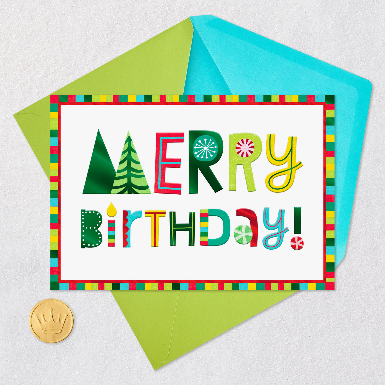Collage Lettering on White Christmas Birthday Card Card Front with Envelope and Gold Seal image number 5