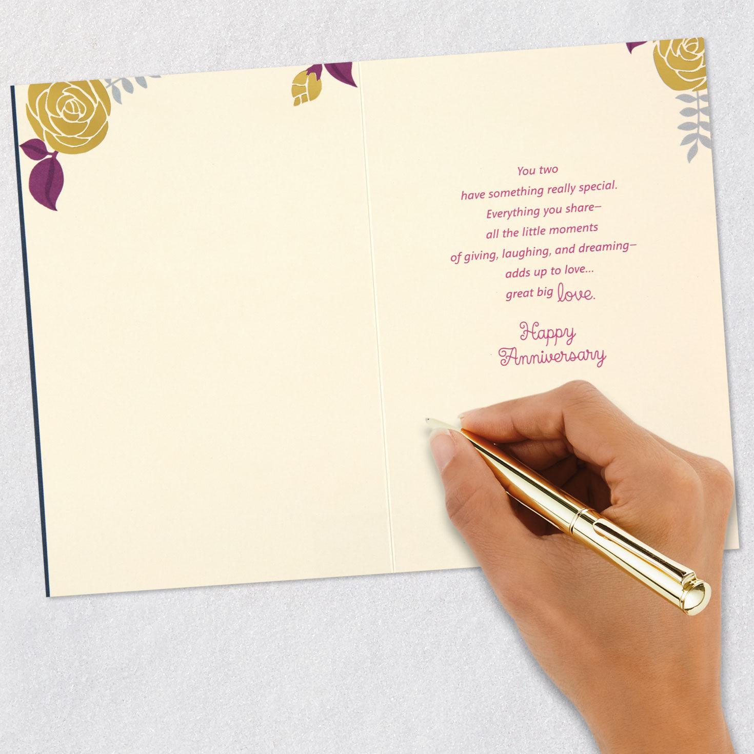Gold and Purple Flowers and Letters on Navy Anniversary Card Signing card image number 6