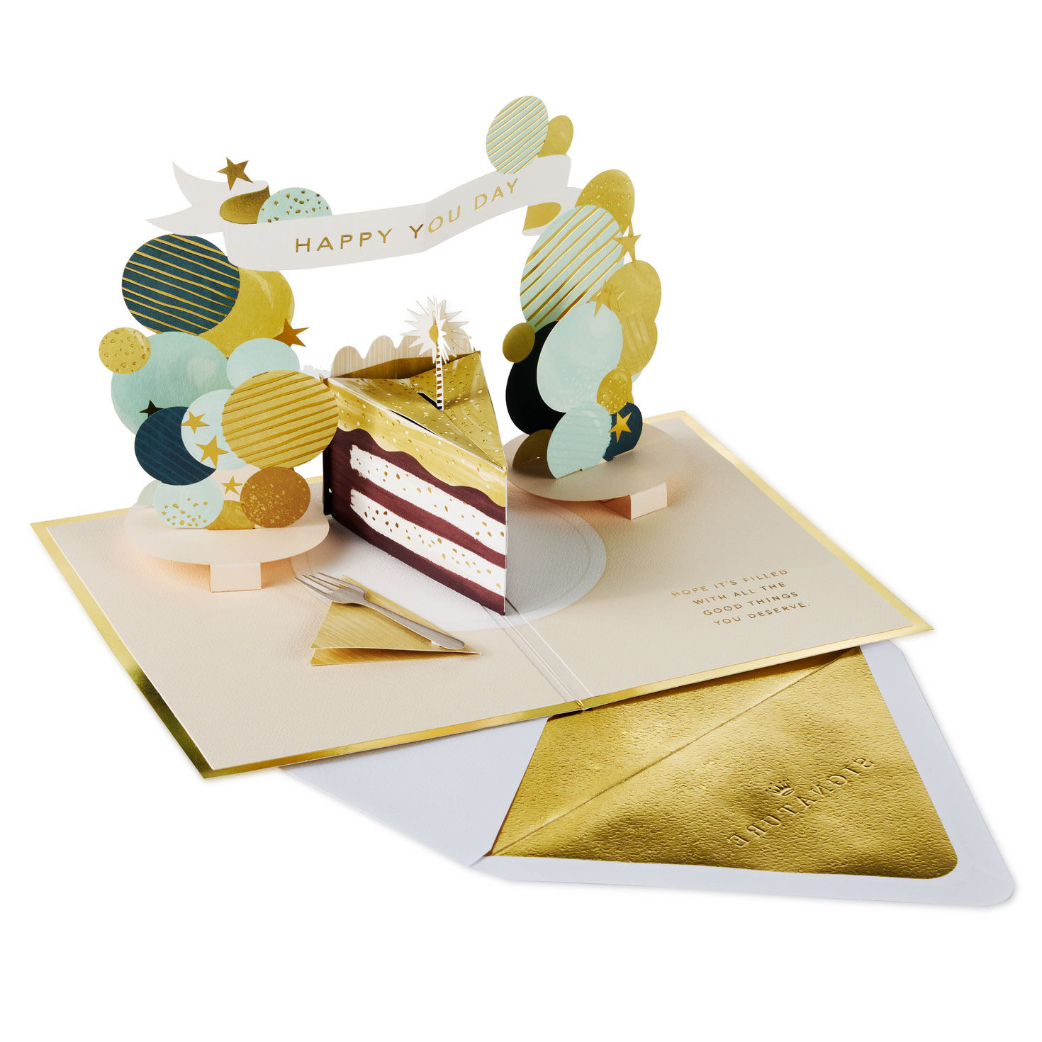 Gold Chocolate Cake Pop-Up Birthday Card Open card with envelope image number 2