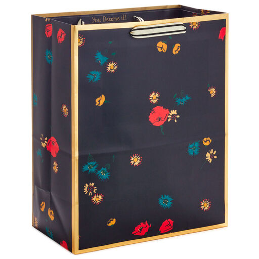 13" Scattered Flowers on Black Large Gift Bag, 
