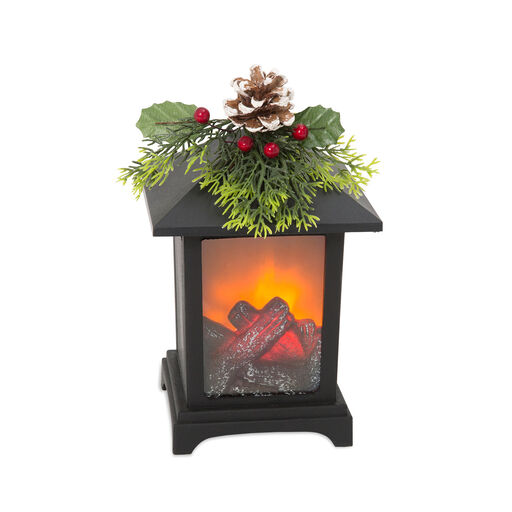 Lighted Fireplace Lantern With Greenery, 8.9", 