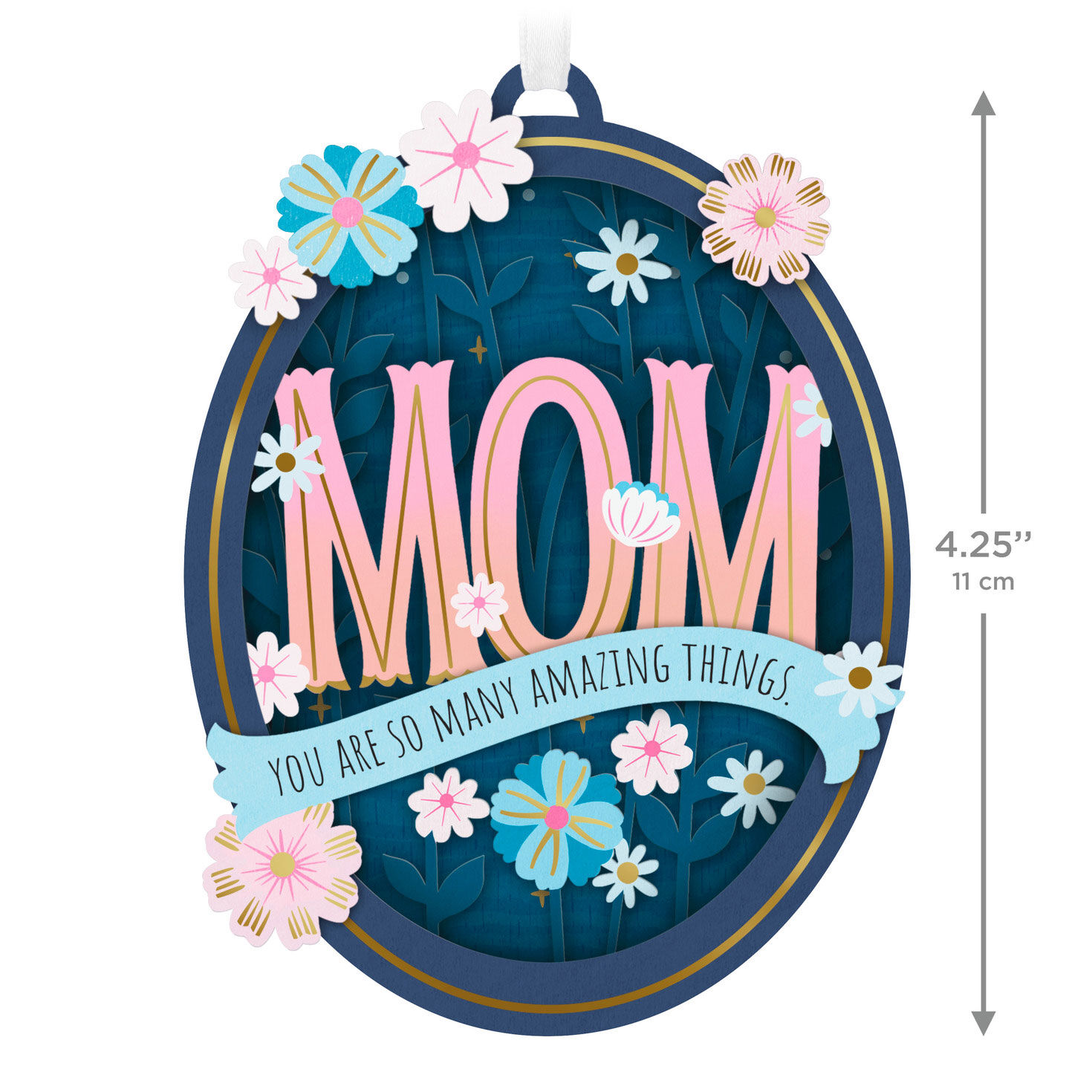 Mom Blue Pink Oval With Flowers Keepsake Ornament measurement image number 3