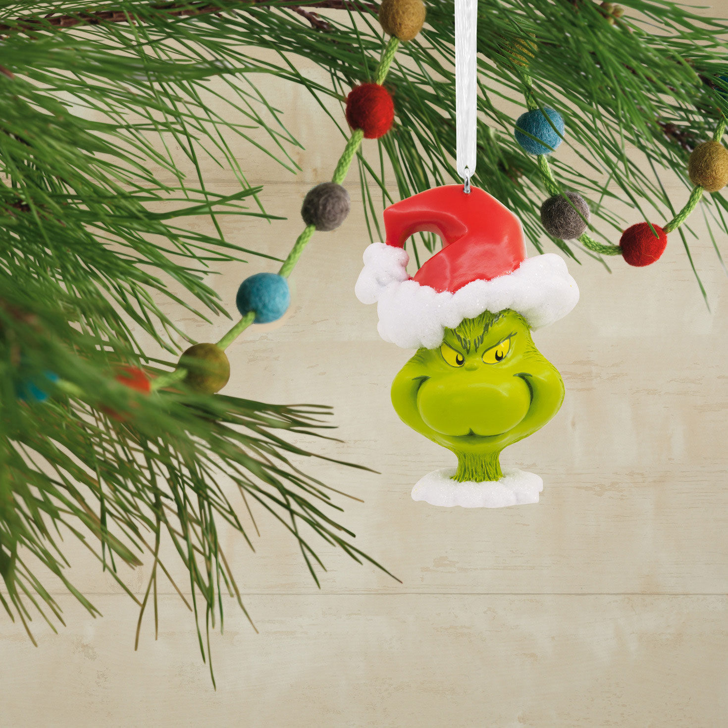 Grinch in Santa Hat Christmas Ornament hanging on tree image number 2