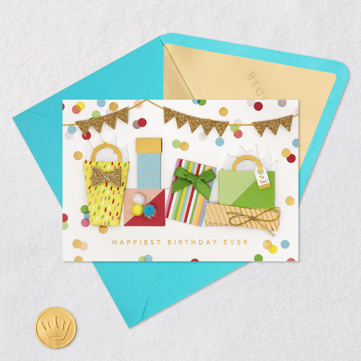 Collection of Wrapped Presents Birthday Card Card Front with Envelope and Gold Seal image number 5