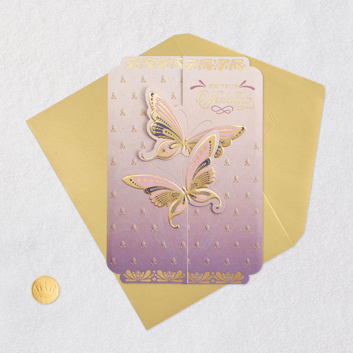 Purple and Gold Butterflies Wedding Card Card Front with Envelope and Gold Seal image number 5