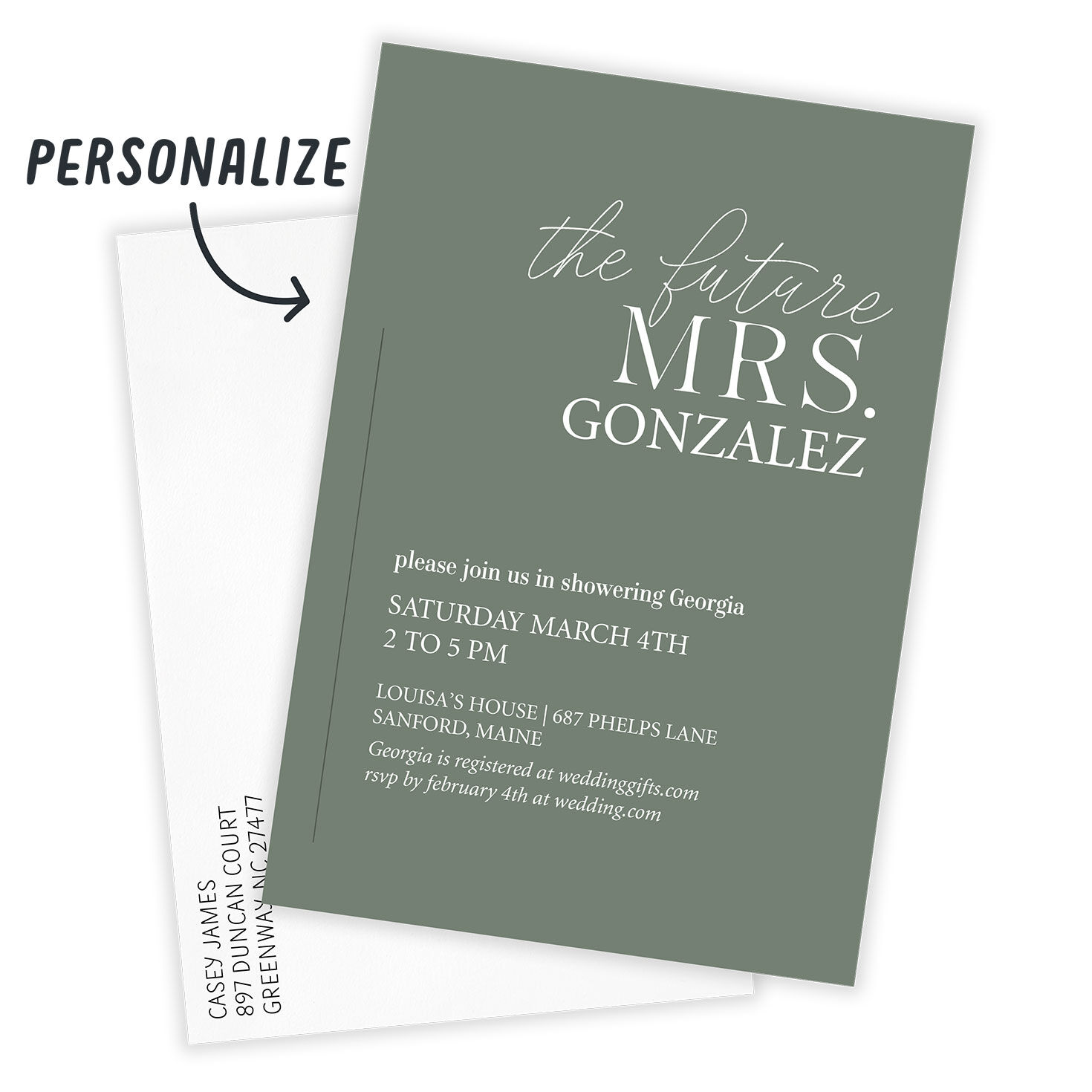 Future Mrs Green Personalized Shower Invitation Card Front indicating personalization image number 2