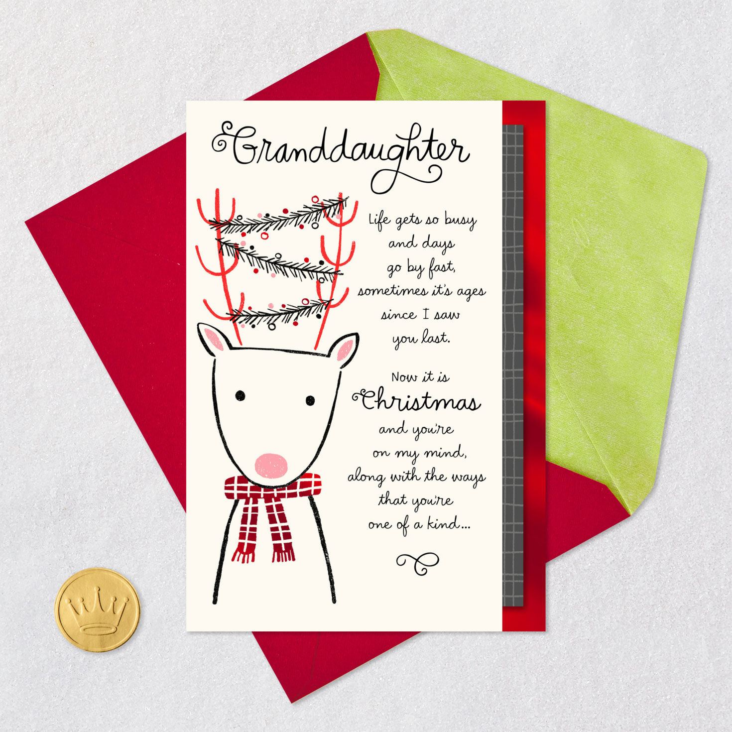Reindeer With Garland Granddaughter Christmas Card Card Front with Envelope and Gold Seal image number 5