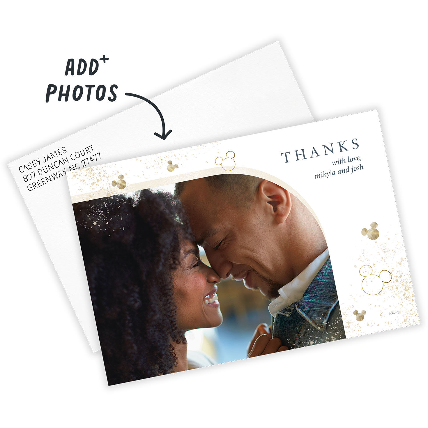 Gold Mickey Ears Personalized Wedding Thank You Card front with Envelope indicating personalization image number 2