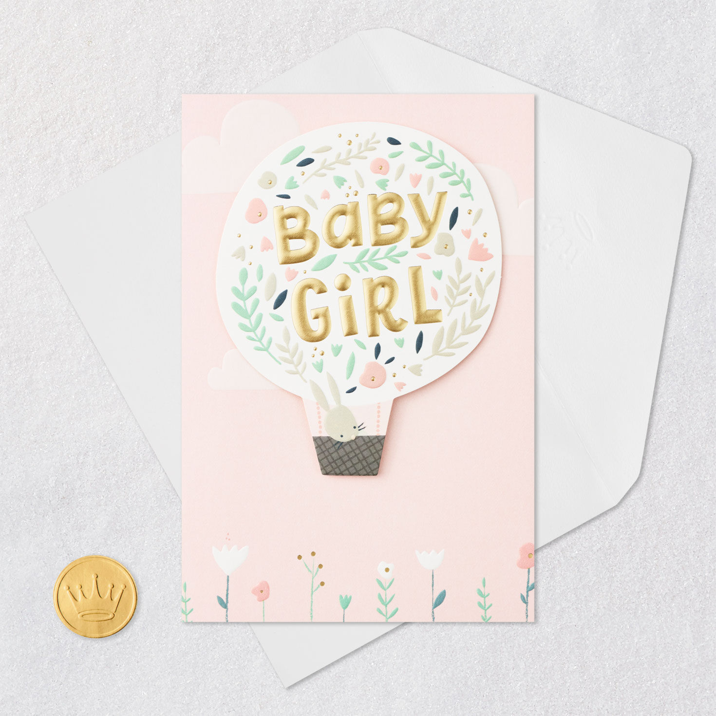 Baby Girl Hot Air Balloon New Baby Card Card Front with Envelope and Gold Seal image number 5