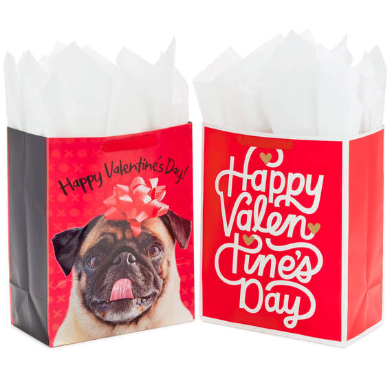 13" Pug and Happy Valentine's Day 2-Pack Large Gift Bags With Tissue Paper