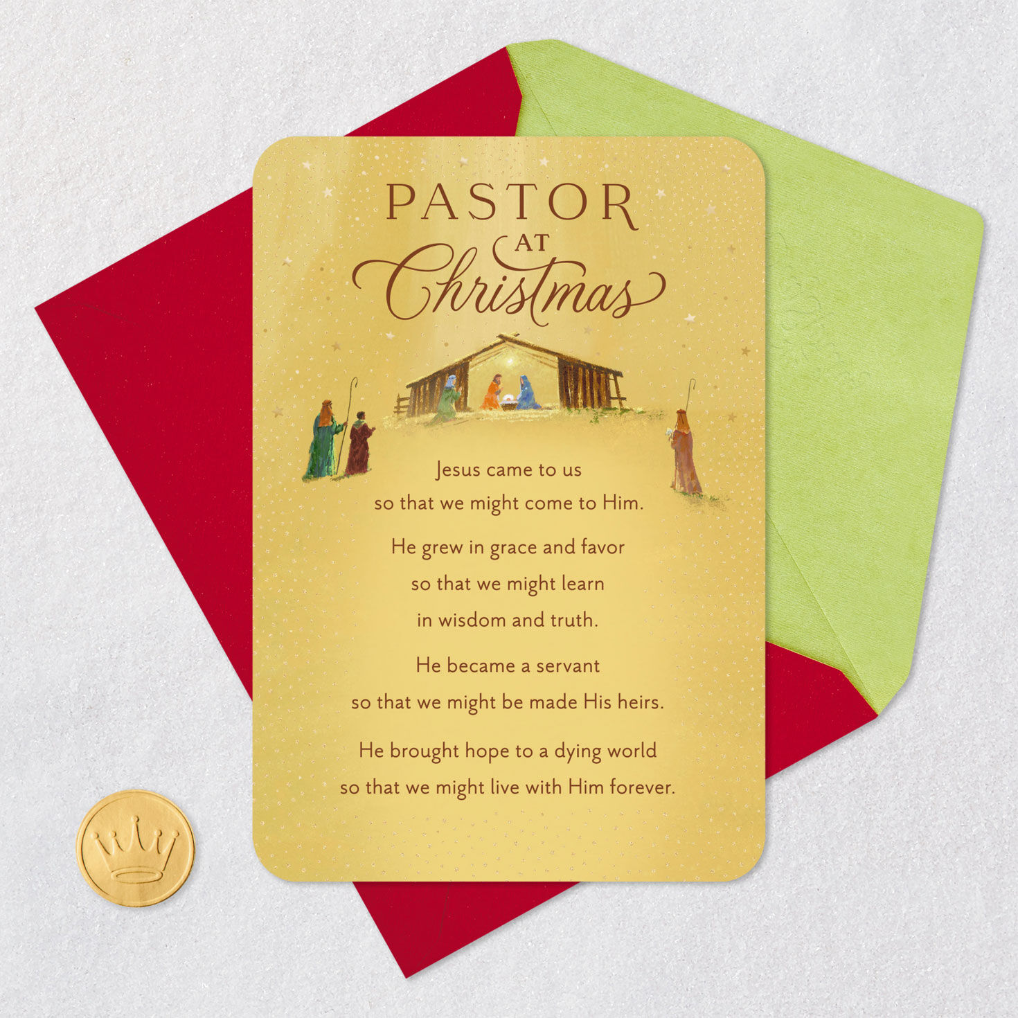 Simple Manger Religious Christmas Card for Pastor Card Front with Envelope and Gold Seal image number 6
