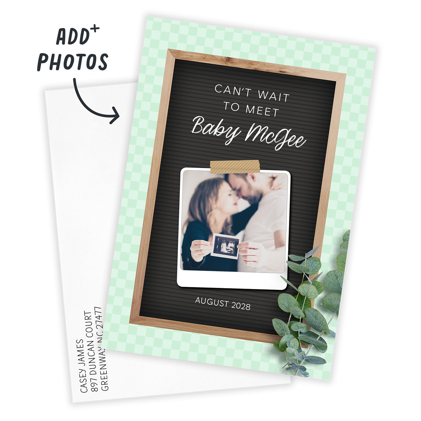 Letter Board Green Border Pregnancy Announcement Card Front indicating personalization image number 2