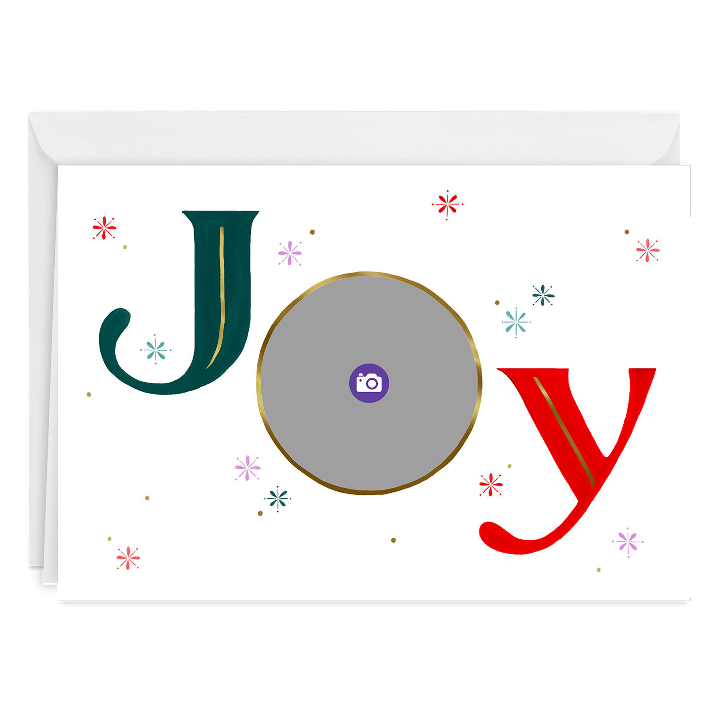 Snowflakes Joy Photo Personalized Christmas Card Card Front indicating personalization image number 3